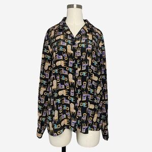 Vintage 90s Leslie Fay chair print button up blouse modern hipster eclectic S/M